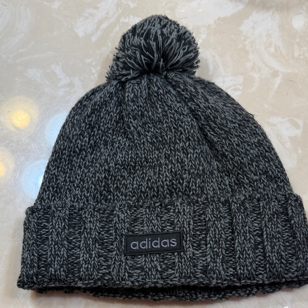 Adidas Charcoal Knit Beanie with Pom-Pom